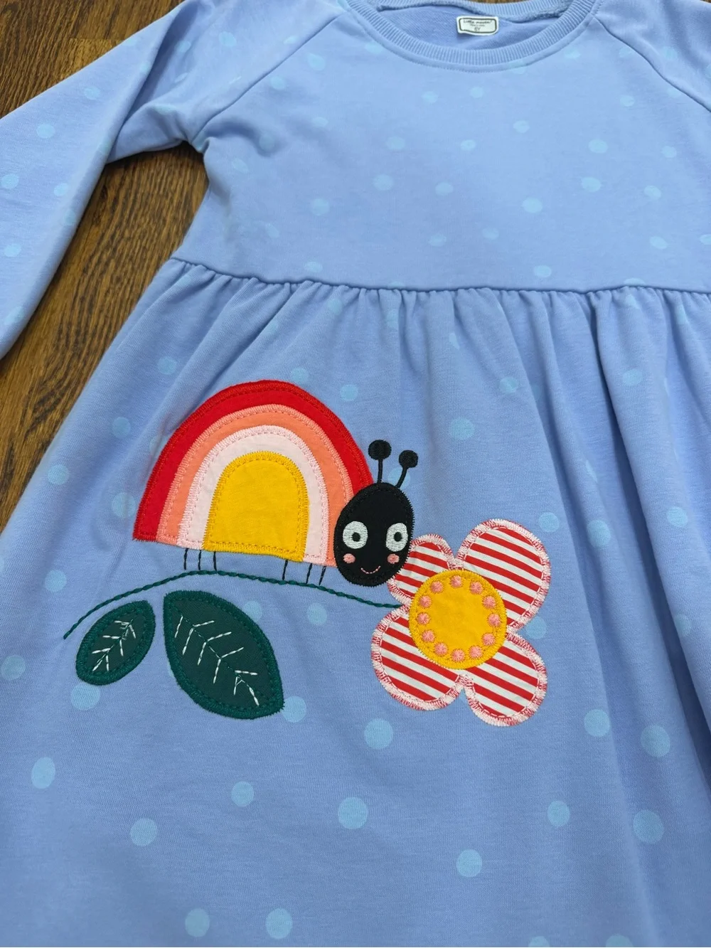 Girls' Blue Polka Dot Long-Sleeve Dress with Rainbow Applique